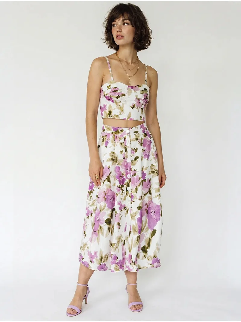 Bianco Lucci Multicolor LUCCI Floral Cotton Blouse And Midi Skirt Set for Women | Best Price UAE