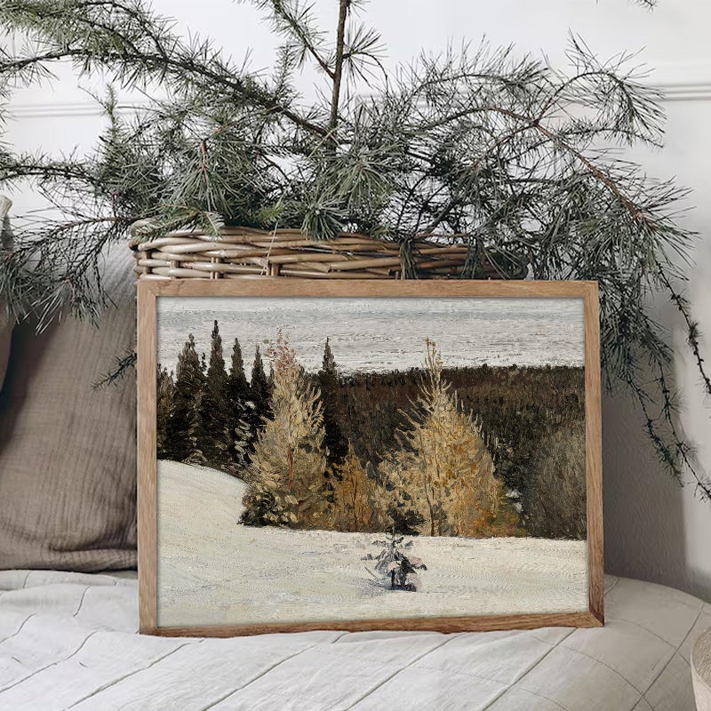 uniro Vintage Wall Art Prints - Vintage Christmas Print Winter Landscape Oil Painting, Rustic Tree Forest Christmas Picture Wall Decor, Retro Muted Snowy Landscape Holiday Wall Decor, Xmas Decor for Bedroom Bathroom Living Room Christmas Holiday Decor(8" x 10"-UNFRAMED) - Image 2