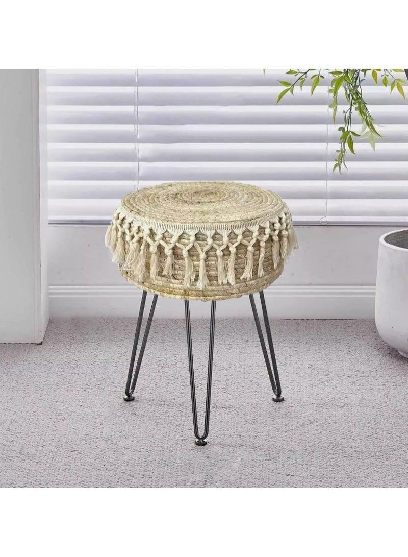 LINGWEI Handcrafted Woven Stool with Tassel Details Boho Style Round Ottoman Sturdy Metal Legs Perfect for Living Room Bedroom or Patio 32x45x32cm  - Image 1