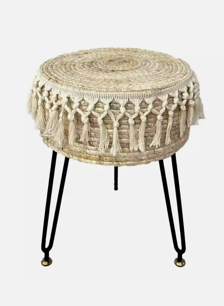 LINGWEI Handcrafted Woven Stool with Tassel Details Boho Style Round Ottoman Sturdy Metal Legs Perfect for Living Room Bedroom or Patio 32x45x32cm  - Image 2