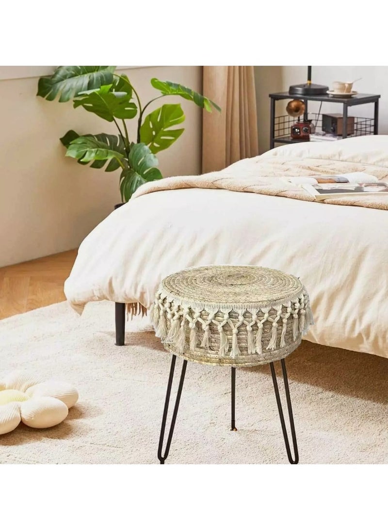LINGWEI Handcrafted Woven Stool with Tassel Details Boho Style Round Ottoman Sturdy Metal Legs Perfect for Living Room Bedroom or Patio 32x45x32cm  - Image 3