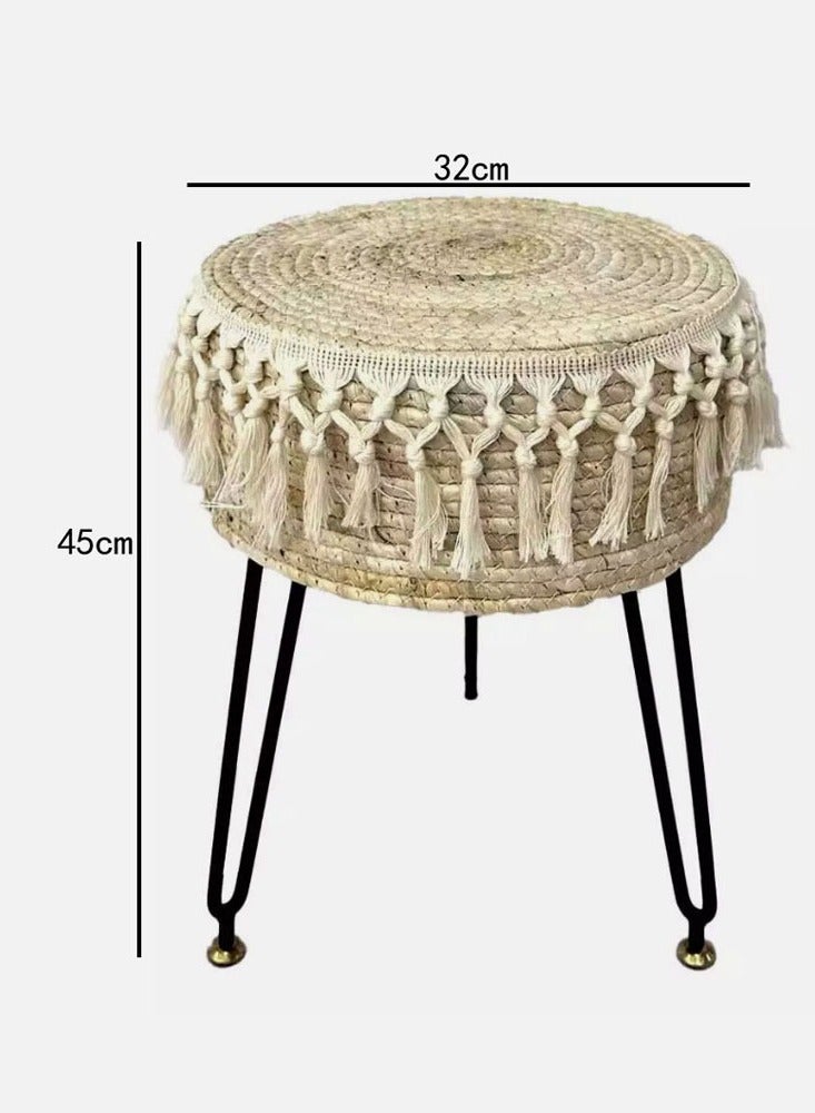 LINGWEI Handcrafted Woven Stool with Tassel Details Boho Style Round Ottoman Sturdy Metal Legs Perfect for Living Room Bedroom or Patio 32x45x32cm  - Image 4