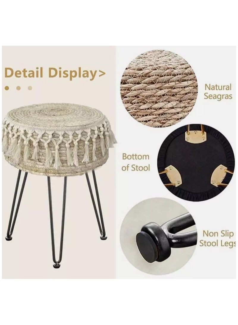 LINGWEI Handcrafted Woven Stool with Tassel Details Boho Style Round Ottoman Sturdy Metal Legs Perfect for Living Room Bedroom or Patio 32x45x32cm  - Image 5