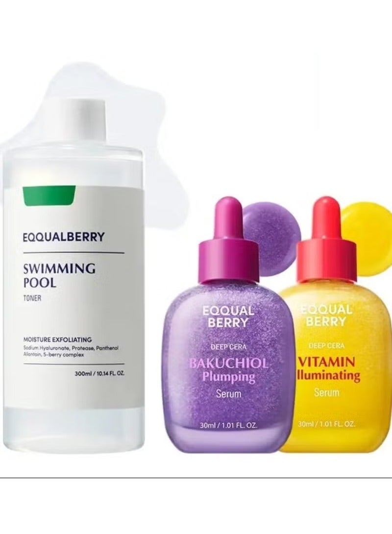 إيكوالبيري ثلاثي الإشراقة من EQQUALBERRY: سيروم فيتامين C 30 مل – سيروم باكوشيول 30 مل – تونر 300 مل