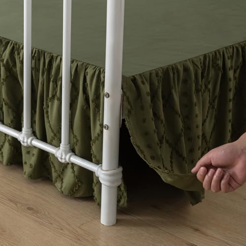 TSUTOMI Bed Skirt King Size Ruffled Bed Skirt with Split Corners, 18 Inch Drop Dust Ruffle Bed Skirts with Platform, Boho Tufted Shabby Chic King Size Bed Skirts, Olive Green - Image 2