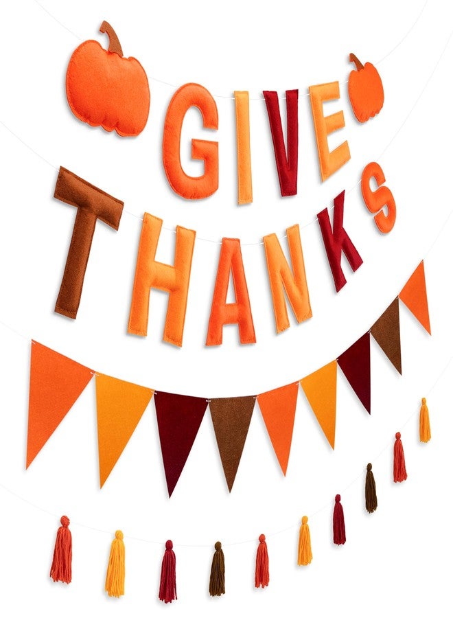 Vynium Give Thanks Felt Banner 3D - Thanksgiving Garland Decorations with Triangle Flags, Pumpkins & Tassels Holiday Wall Decor for Home, Classroom, Fall Harvest Festival Party Supplies Indoor Outdoor - Image 1