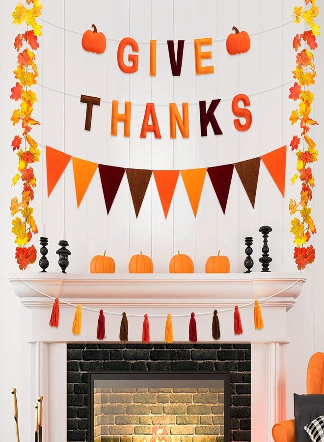 Vynium Give Thanks Felt Banner 3D - Thanksgiving Garland Decorations with Triangle Flags, Pumpkins & Tassels Holiday Wall Decor for Home, Classroom, Fall Harvest Festival Party Supplies Indoor Outdoor - Image 3