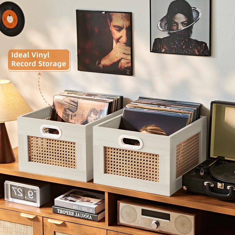 LELELINKY Vinyl Record Storage Crate, Rattan Vinyl Record Holder with Handle, Wood Record Crate for Vinyls Holder up to 75 LP's, Desktop Cube Album Storage for Vinyls Records(Tea Brown) - Image 3