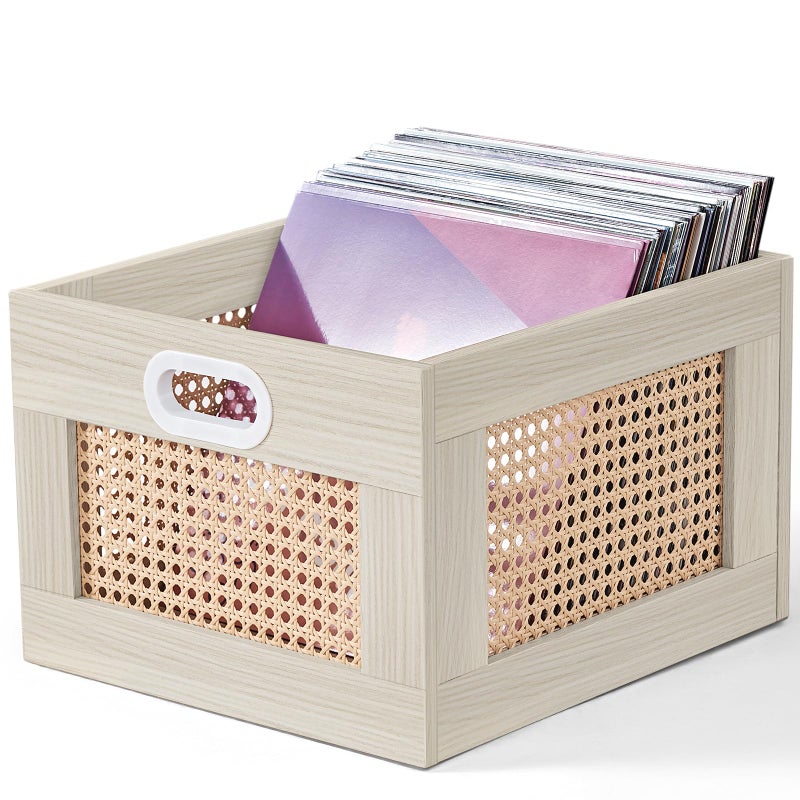 LELELINKY Vinyl Record Storage Crate, Rattan Vinyl Record Holder with Handle, Wood Record Crate for Vinyls Holder up to 75 LP's, Desktop Cube Album Storage for Vinyls Records(Tea Brown) - Image 1