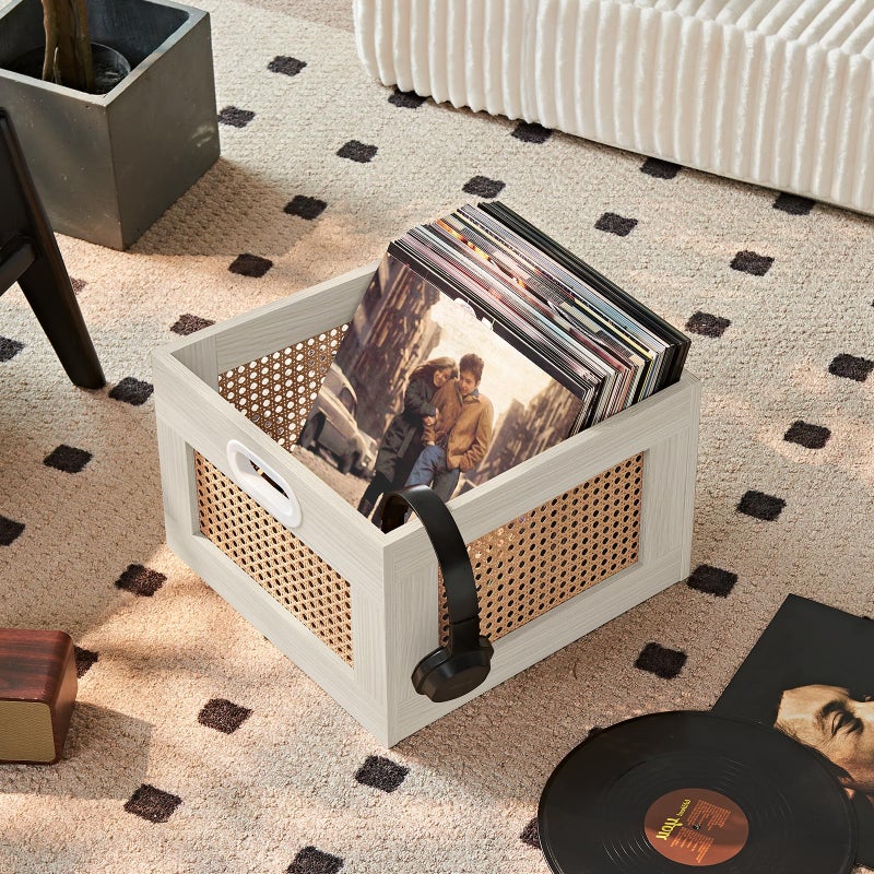 LELELINKY Vinyl Record Storage Crate, Rattan Vinyl Record Holder with Handle, Wood Record Crate for Vinyls Holder up to 75 LP's, Desktop Cube Album Storage for Vinyls Records(Tea Brown) - Image 5