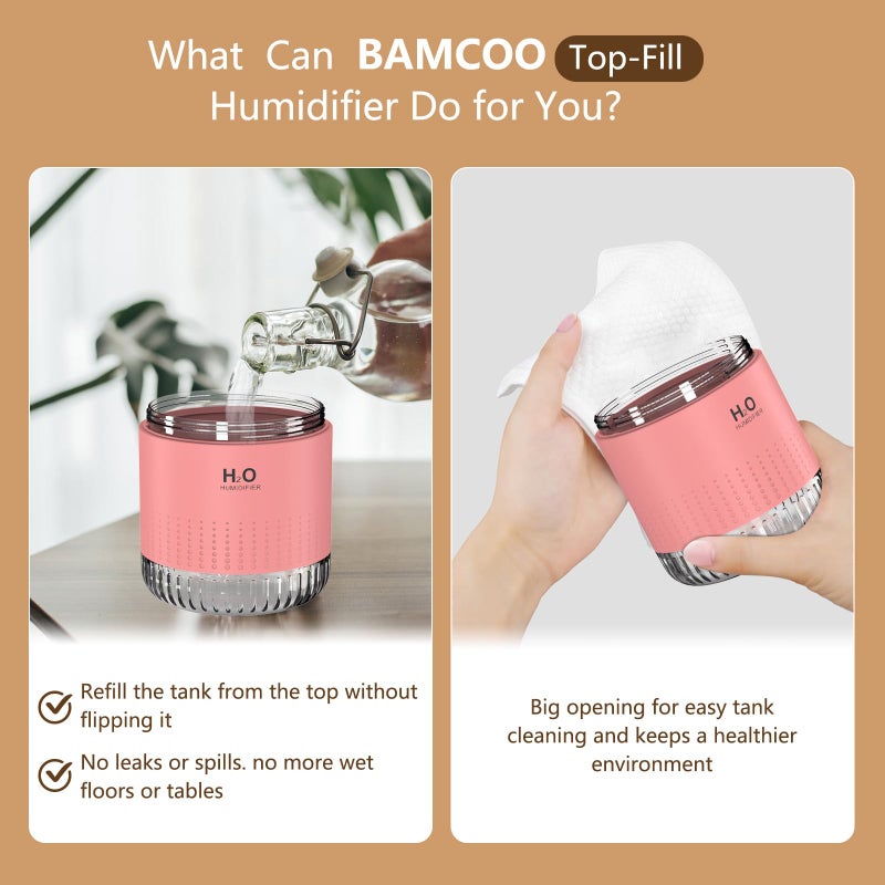 BAMCOO Portable Mini Humidifier, Auto Shut-Off, 2 Mist Modes, Quite, Small Humidifiers for Bedroom Travel Office Desk Plants (Pink) - Image 3