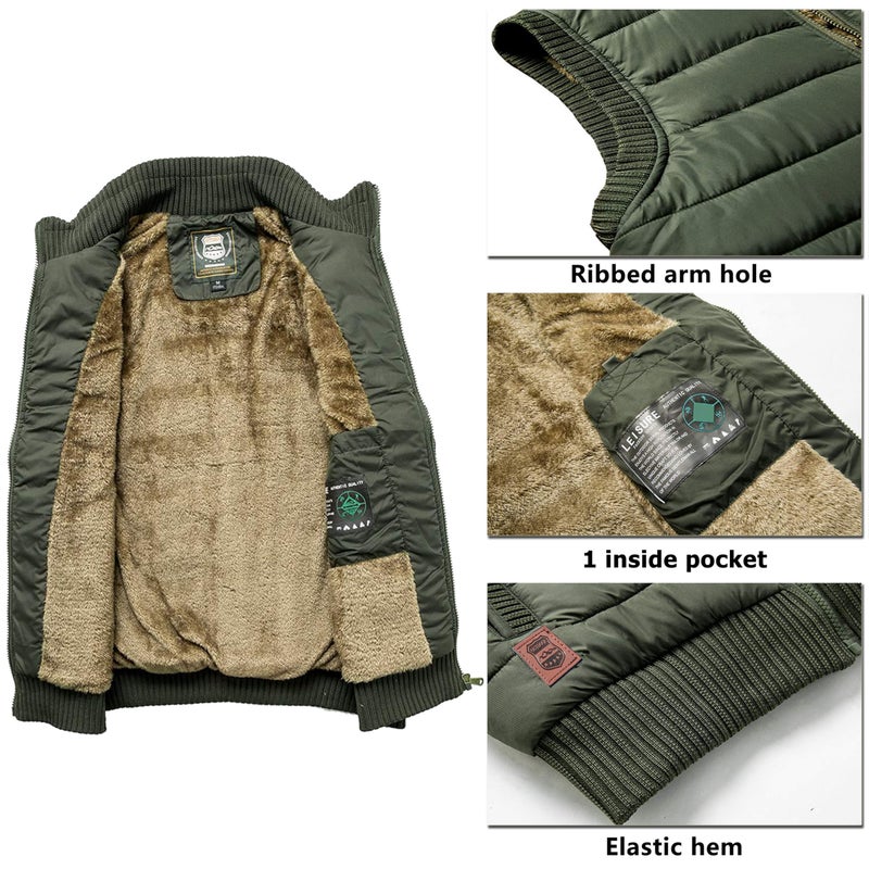 Vcansion Men's Outdoor Casual Stand Collar Thicken Qulited Fleece Jacket Vest Padded Lightweight Down Cotton Vest Coat Army Green US L - Image 3