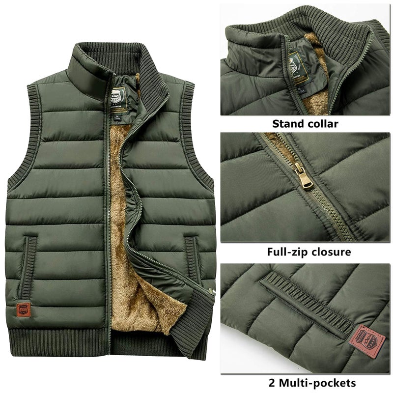 Vcansion Men's Outdoor Casual Stand Collar Thicken Qulited Fleece Jacket Vest Padded Lightweight Down Cotton Vest Coat Army Green US L - Image 2