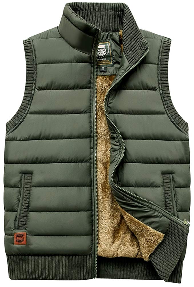 Vcansion Men's Outdoor Casual Stand Collar Thicken Qulited Fleece Jacket Vest Padded Lightweight Down Cotton Vest Coat Army Green US L - Image 1