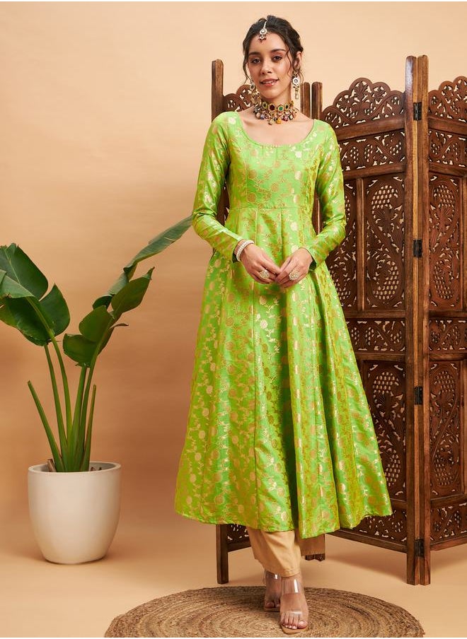 SASSAFRAS - Floral Foil Print Brocade Anarkali Maxi Kurta by Styli - Image 1