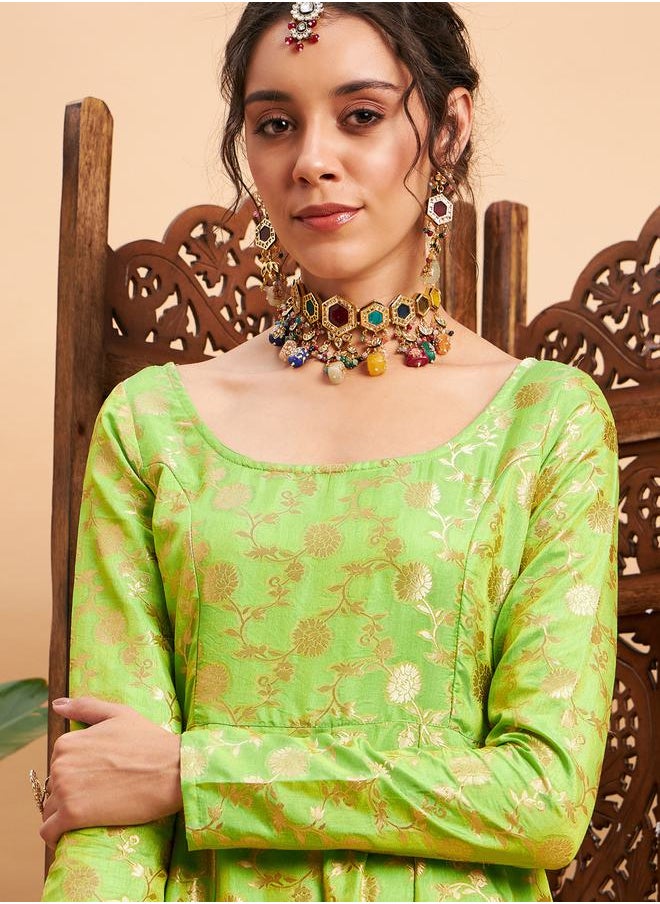 SASSAFRAS - Floral Foil Print Brocade Anarkali Maxi Kurta by Styli - Image 1