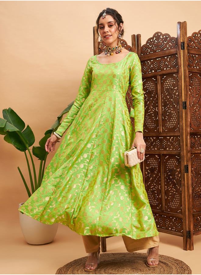 SASSAFRAS - Floral Foil Print Brocade Anarkali Maxi Kurta by Styli - Image 1