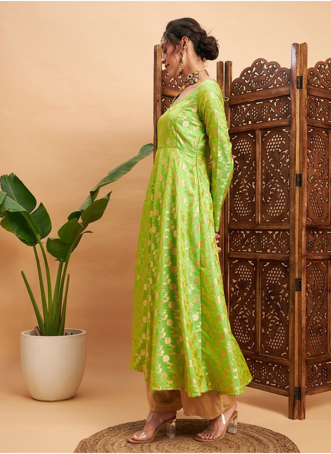 SASSAFRAS - Floral Foil Print Brocade Anarkali Maxi Kurta by Styli - Image 1