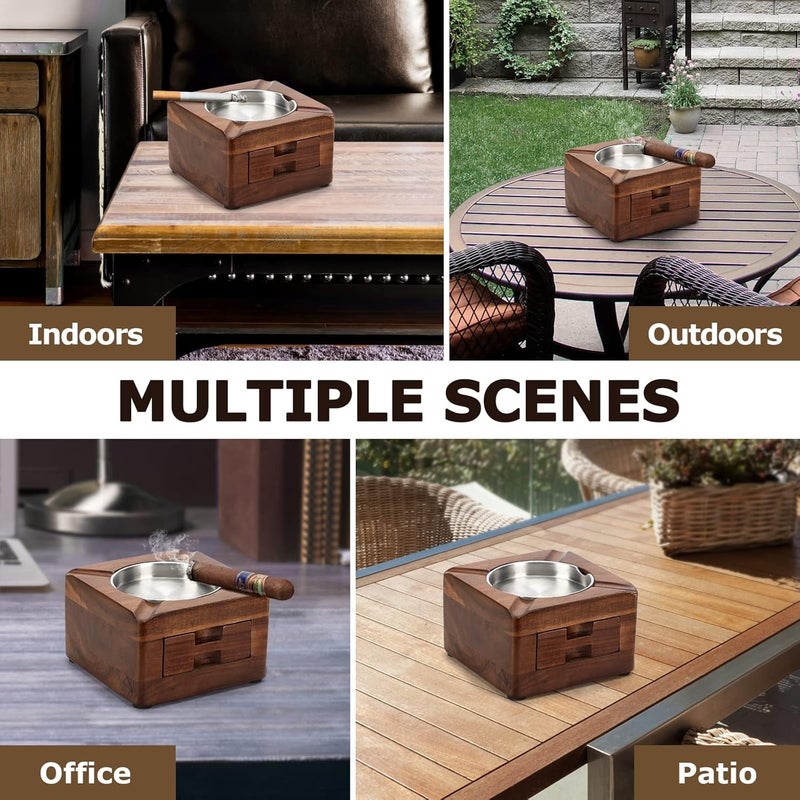 Square wooden ashtray with four grooves and an accessory drawer (suitable for indoor, outdoor, courtyard, and office use; a custom gift for men) - Image 5