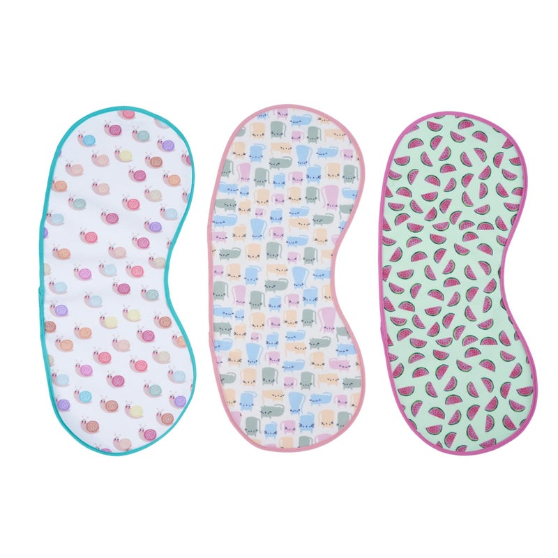 HAPPY MATTY Absorbent Fast Dry and Washable Set of 3 Baby Burp Sheets Multicolour 0-3 Years Watermelon Snail Cat Size Large (56cm x 24cm) - Image 1