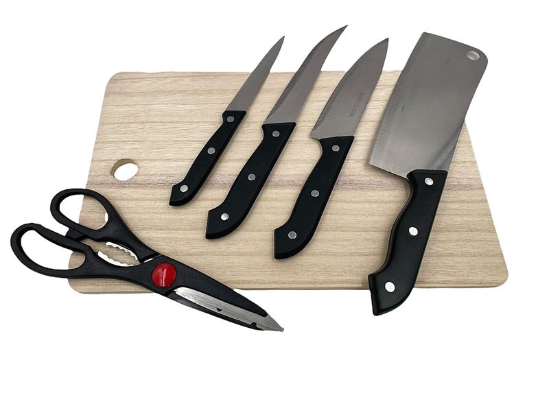 EXPORTTANZA Stainless Steel Kitchen 5Pcs Knife Set with Wooden Chopping Board Scissor Vegetable Meat Cutting Set of 5 1 Chopper Board - Image 1