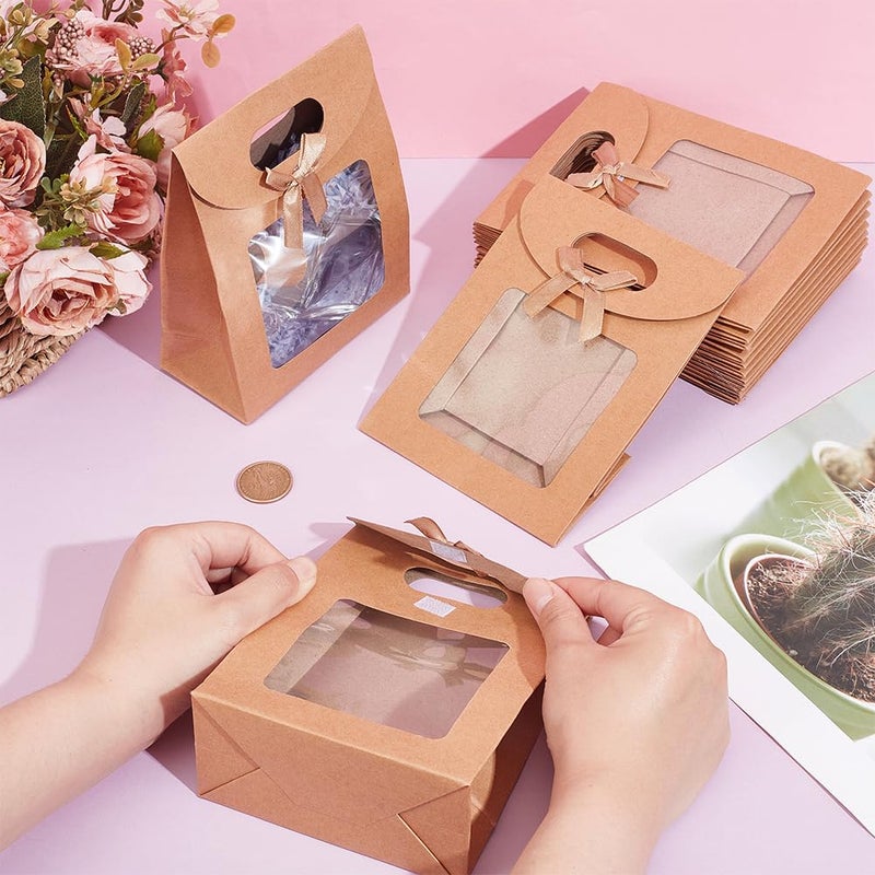 NBEADS 24 Pcs MINI Kraft Paper Bags with Window, 4.7x2.4x6.2 Stand Up MINI Gift Bag With Handles Brown Gift Bag with Clear Window for Candy Cookies Packaging Wedding Christmas Party Store Retail - Image 3