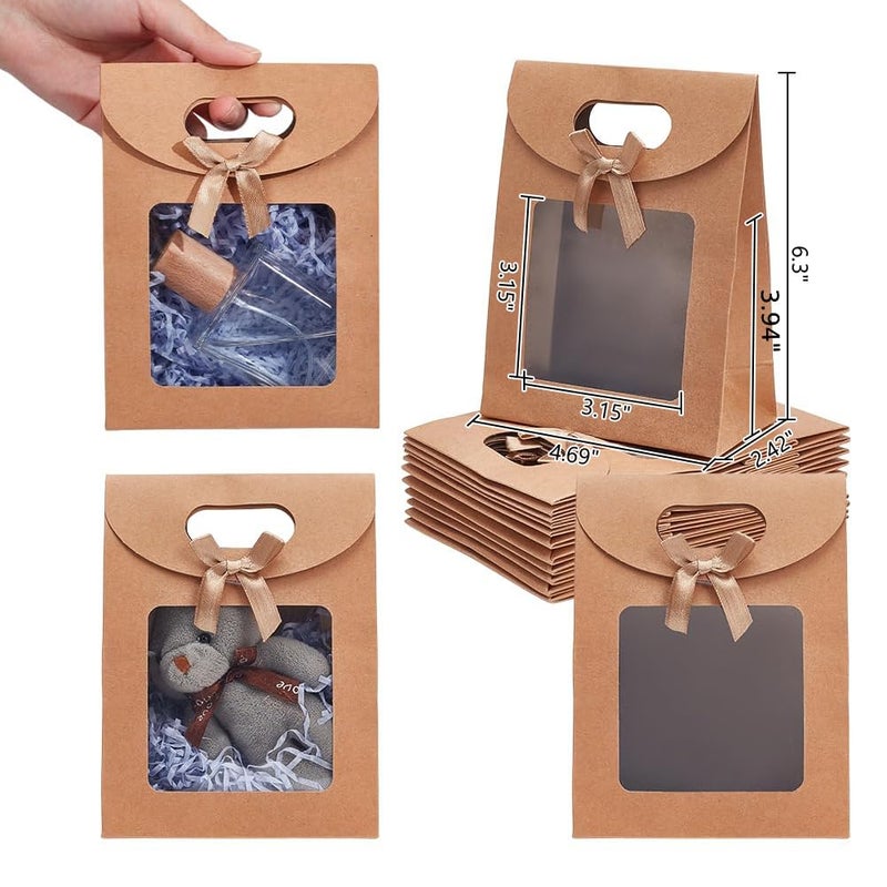 NBEADS 24 Pcs MINI Kraft Paper Bags with Window, 4.7x2.4x6.2 Stand Up MINI Gift Bag With Handles Brown Gift Bag with Clear Window for Candy Cookies Packaging Wedding Christmas Party Store Retail - Image 4
