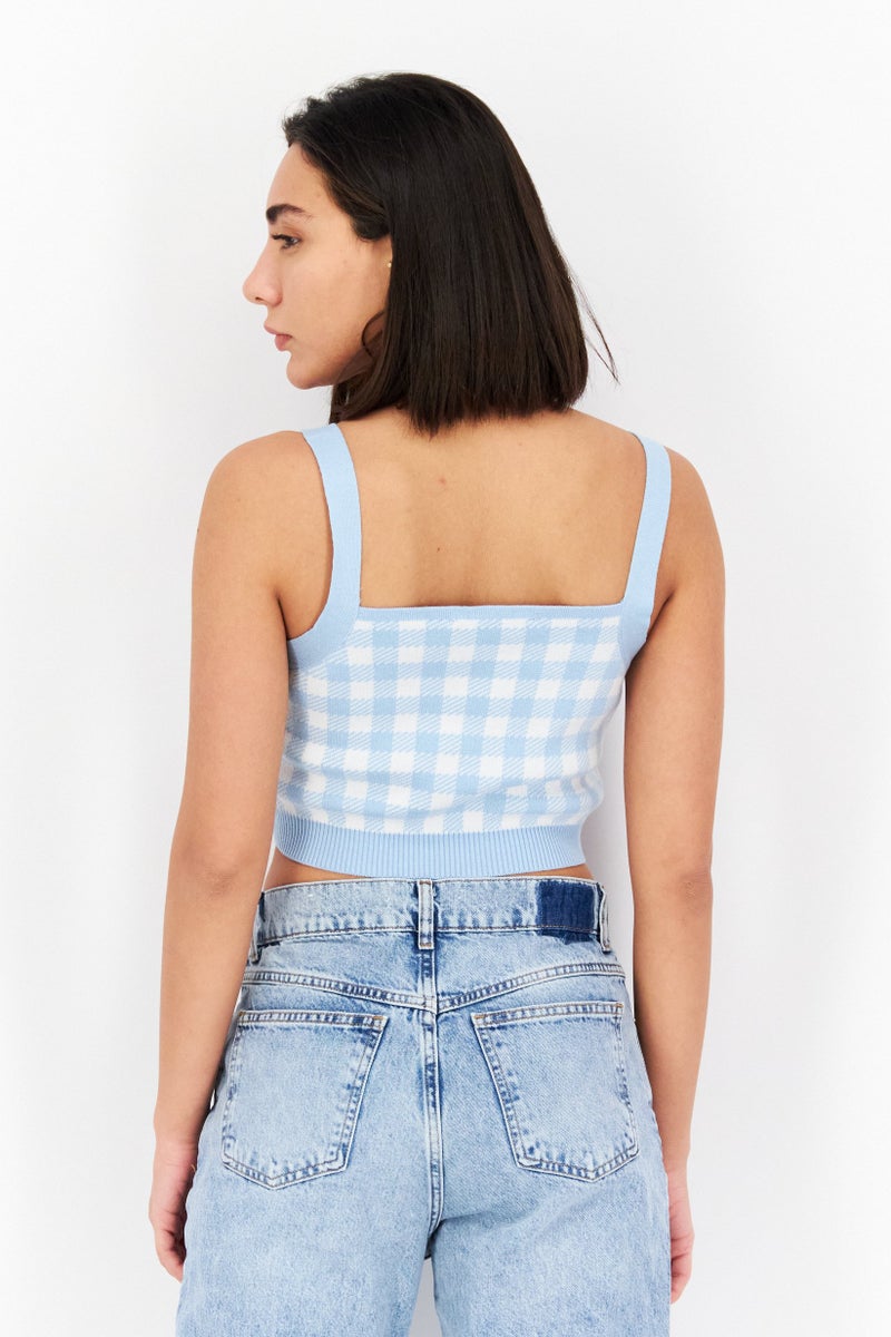 VERO MODA بلوزة نسائية بدون أكمام بتصميم مربع العنق، مزخرفة بمربعات، لون أزرق فاتح - Image 3