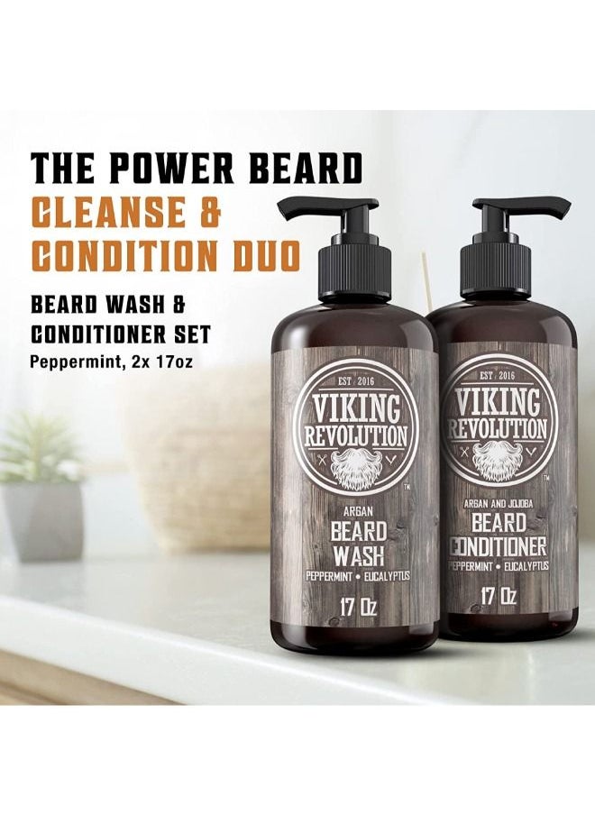 Beard Wash & Beard Conditioner Set w/Argan & Jojoba Oils – Softens, Smooths & Strengthens Beard Growth - Natural Peppermint and Eucalyptus Scent - Beard Shampoo w/Beard Oil