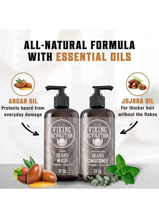 Beard Wash & Beard Conditioner Set w/Argan & Jojoba Oils – Softens, Smooths & Strengthens Beard Growth - Natural Peppermint and Eucalyptus Scent - Beard Shampoo w/Beard Oil