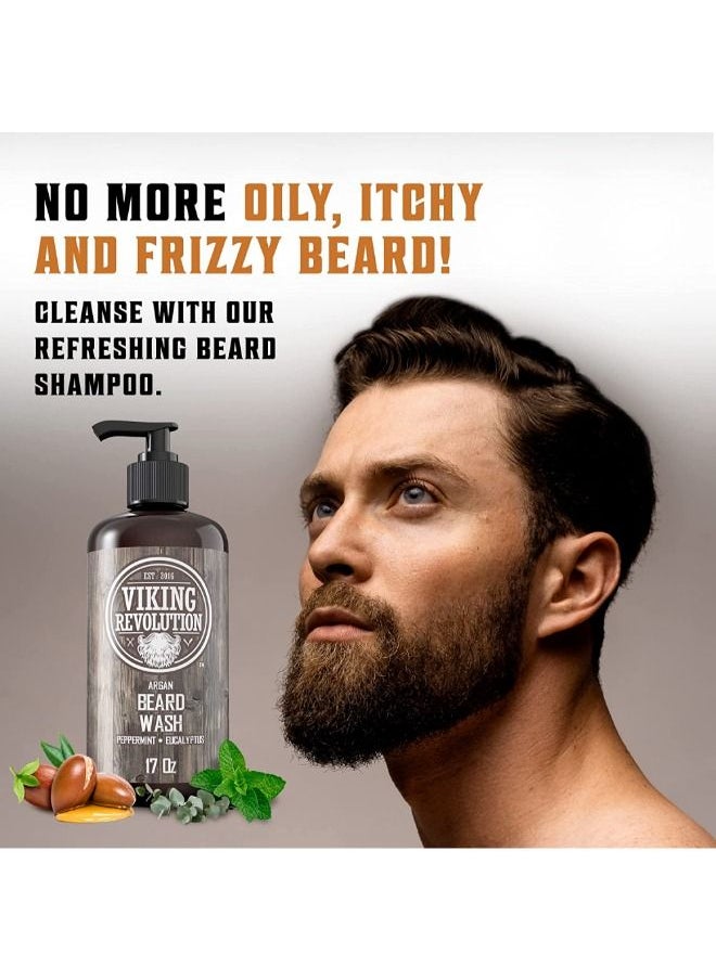 Beard Wash & Beard Conditioner Set w/Argan & Jojoba Oils – Softens, Smooths & Strengthens Beard Growth - Natural Peppermint and Eucalyptus Scent - Beard Shampoo w/Beard Oil
