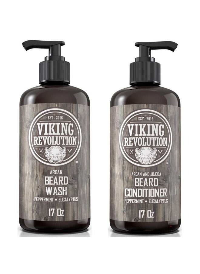Beard Wash & Beard Conditioner Set w/Argan & Jojoba Oils – Softens, Smooths & Strengthens Beard Growth - Natural Peppermint and Eucalyptus Scent - Beard Shampoo w/Beard Oil
