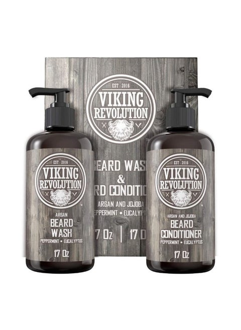 Beard Wash & Beard Conditioner Set w/Argan & Jojoba Oils – Softens, Smooths & Strengthens Beard Growth - Natural Peppermint and Eucalyptus Scent - Beard Shampoo w/Beard Oil
