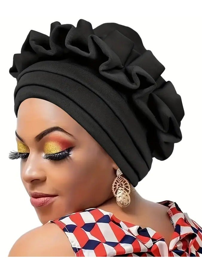 Goolsky [Popular Choice] Women's 3-Layer Brim Turban with Pleated Design, Solid Color Polyester Headscarf Hat for Outdoor and Home Use, Sleeping, Bath - Image 1