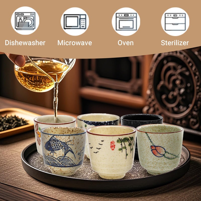 Nagpew 6 Pieces Japanese Tea Cups, 6 Oz Ceramic Coffee Cup with Good Heat Retention, No Handle Teacup Matcha Mug for Latte, Juice, Gift, Dishwasher Safe - Image 4