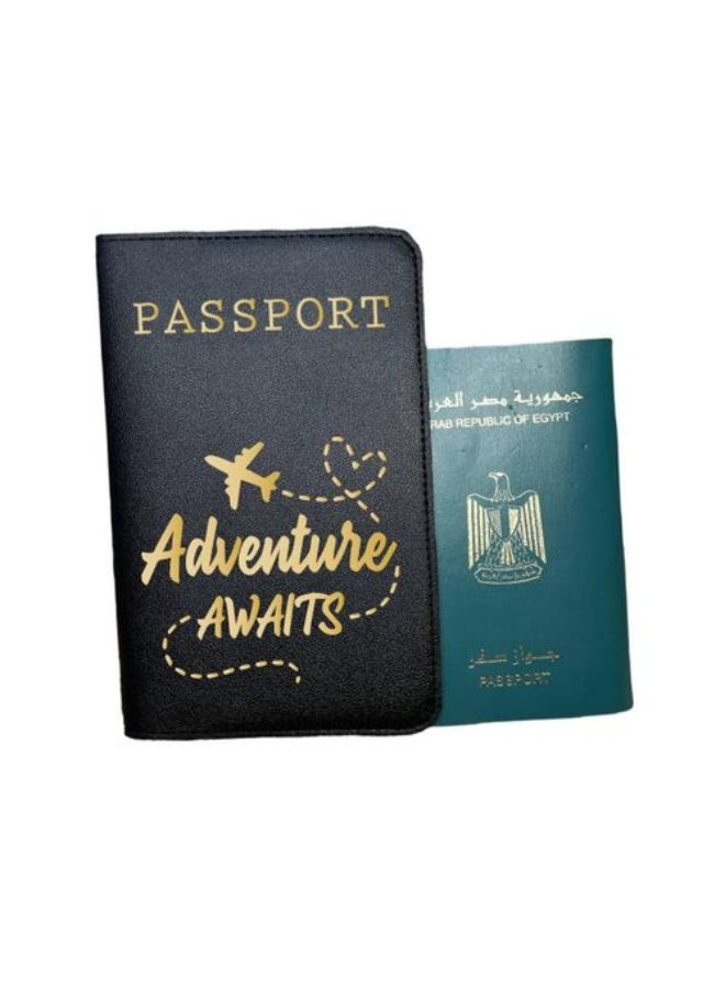 Passport wallet - Artificial leather- Black- One sided printing- English Quotes-Adventure awaits - We print your gift - Image 1