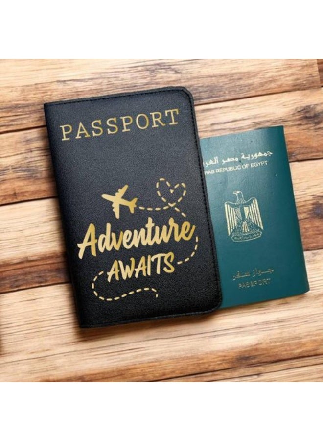 Passport wallet - Artificial leather- Black- One sided printing- English Quotes-Adventure awaits - We print your gift - Image 2