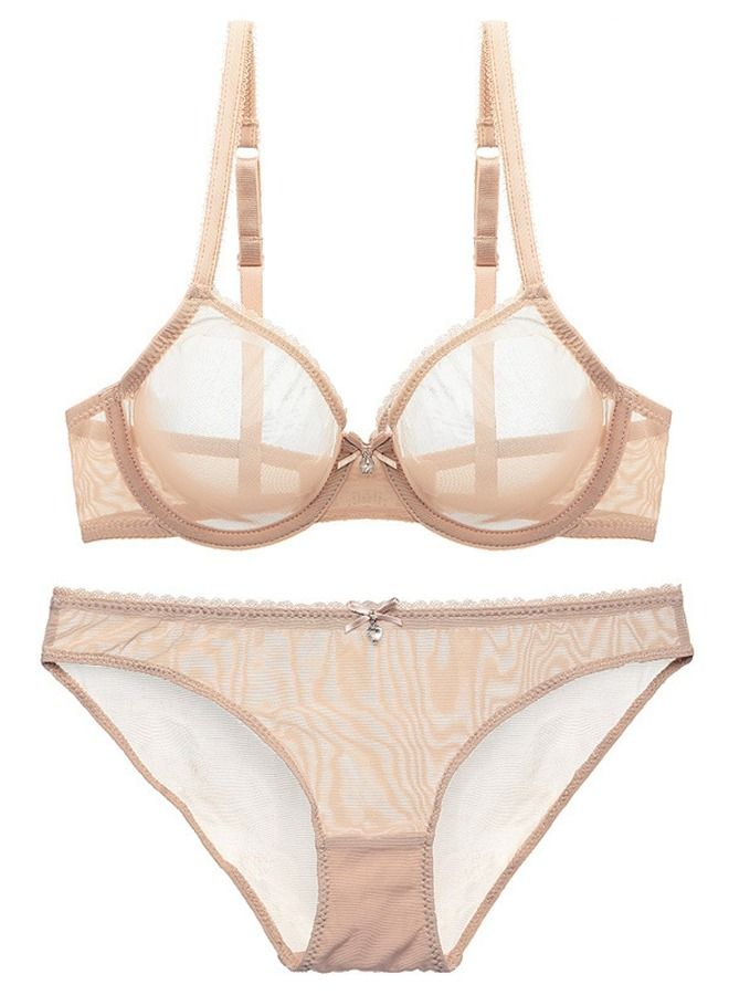 Loquat Solid Color Breathable Ultra Thin Cup Mesh Gauze Bra Panty Set Beige 
