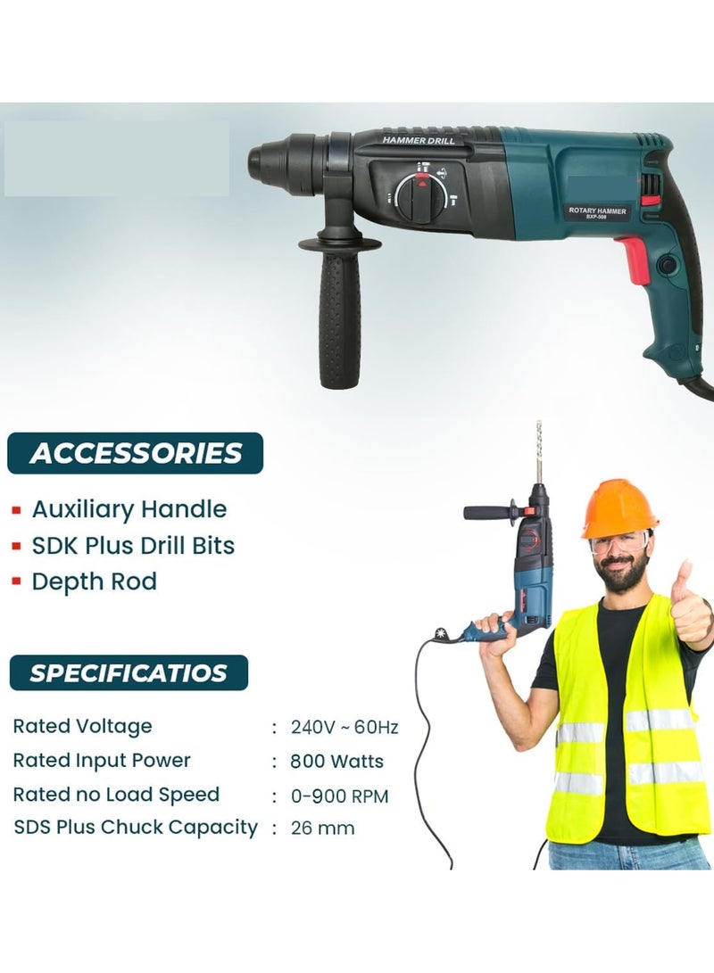 بريمو بلس مثقاب كهربائي مطرقي دوار - 800 واط، 900 دورة في الدقيقة، 220/240 فولت مع حقيبة حافظة - Image 3