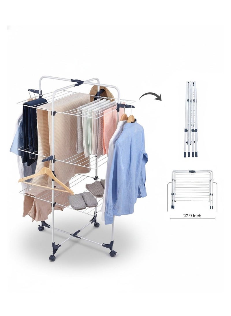 تايمي منشر غسيل 3 طبقات قابل للطي بعجلات و 4 خطافات - حامل تجفيف ملابس من الفولاذ للأستخدام الداخلي والخارجي - أبيض - Image 1