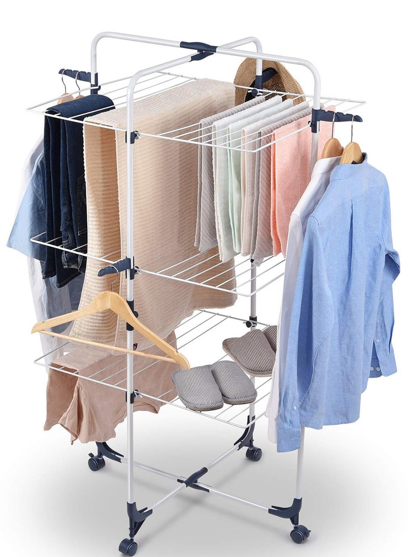 تايمي منشر غسيل 3 طبقات قابل للطي بعجلات و 4 خطافات - حامل تجفيف ملابس من الفولاذ للأستخدام الداخلي والخارجي - أبيض - Image 2