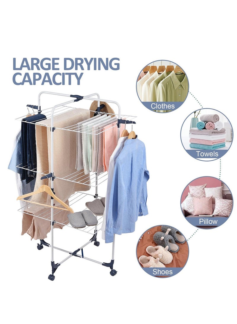 تايمي منشر غسيل 3 طبقات قابل للطي بعجلات و 4 خطافات - حامل تجفيف ملابس من الفولاذ للأستخدام الداخلي والخارجي - أبيض - Image 5