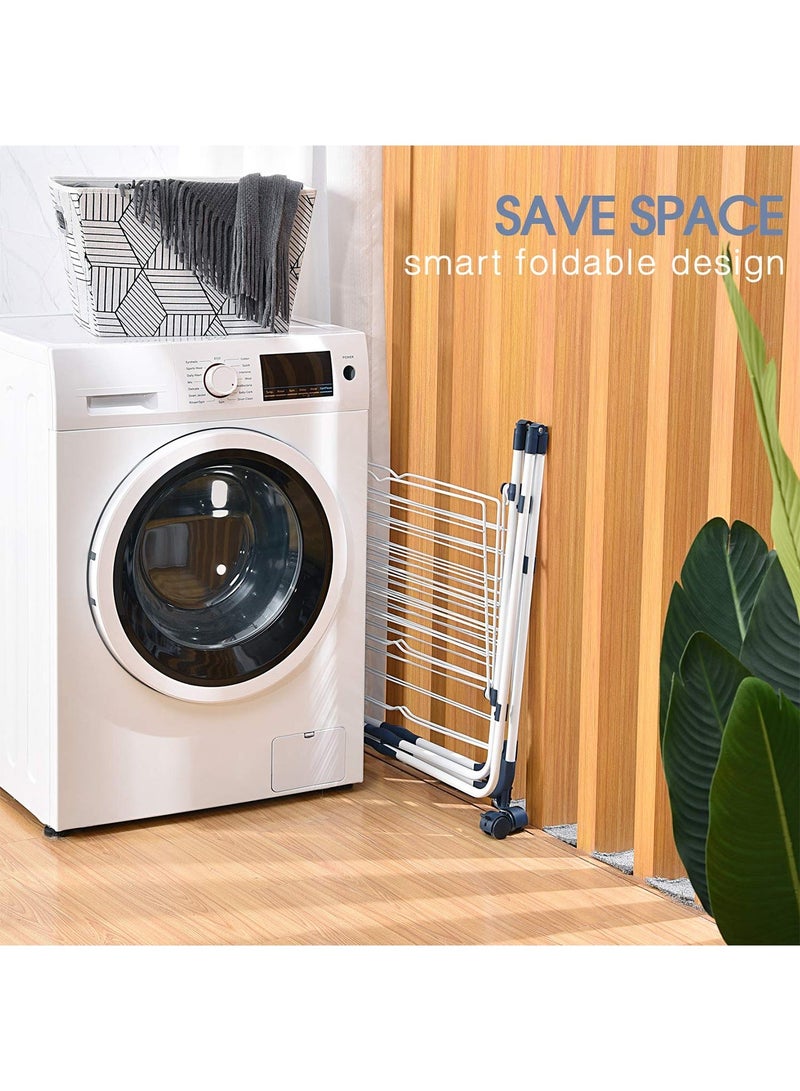 تايمي منشر غسيل 3 طبقات قابل للطي بعجلات و 4 خطافات - حامل تجفيف ملابس من الفولاذ للأستخدام الداخلي والخارجي - أبيض - Image 3