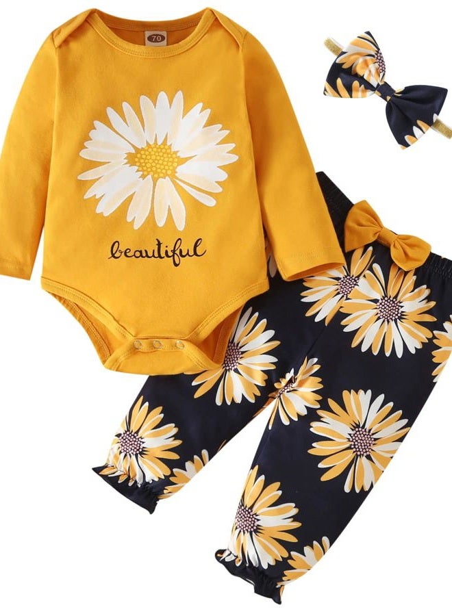 Fullfamous Baby Girl's 3pc Frill Long Sleeve Romper and Pant Set, Yellow Sunflower, 0-3 Months - Image 1