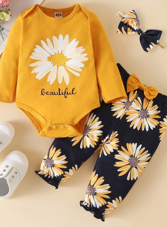Fullfamous Baby Girl's 3pc Frill Long Sleeve Romper and Pant Set, Yellow Sunflower, 0-3 Months - Image 2