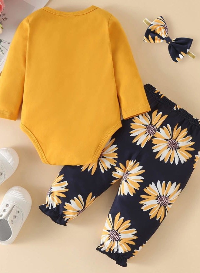Fullfamous Baby Girl's 3pc Frill Long Sleeve Romper and Pant Set, Yellow Sunflower, 0-3 Months - Image 3
