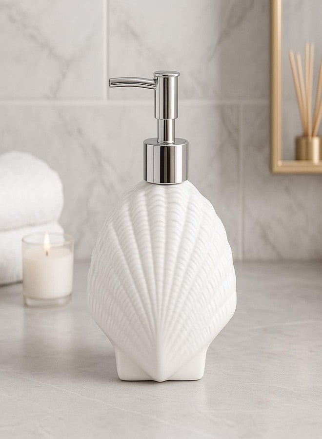 Whizzo Ceramic Shell Shaped Liquid Soap Dispenser with Chrome Pump | Elegant Bathroom & Kitchen Accessory | White Glossy Finish | Refillable Handwash Lotion Bottle (420ML, LD-212, Design2) - Image 2