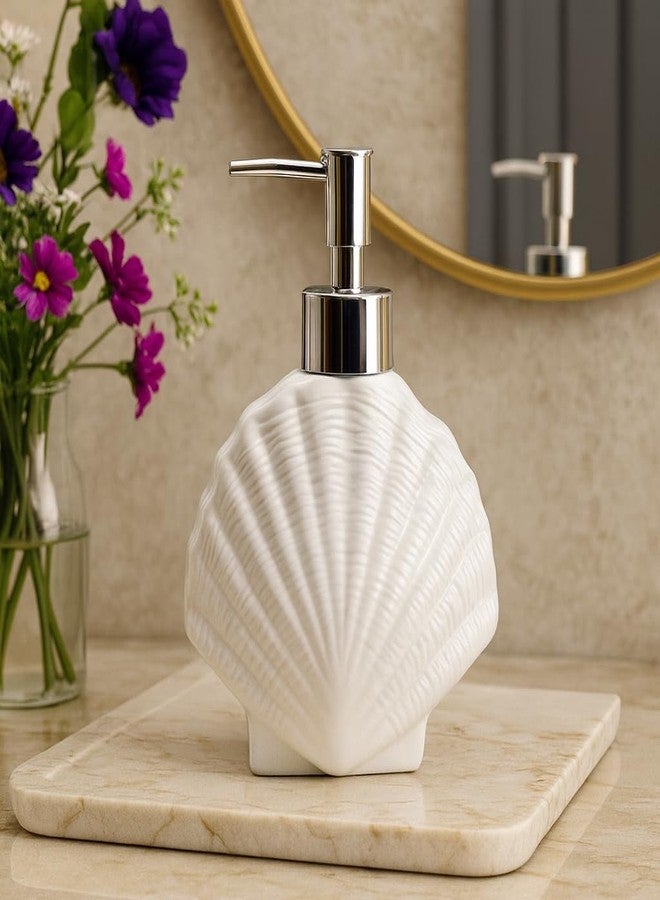 Whizzo Ceramic Shell Shaped Liquid Soap Dispenser with Chrome Pump | Elegant Bathroom & Kitchen Accessory | White Glossy Finish | Refillable Handwash Lotion Bottle (420ML, LD-212, Design2) - Image 1