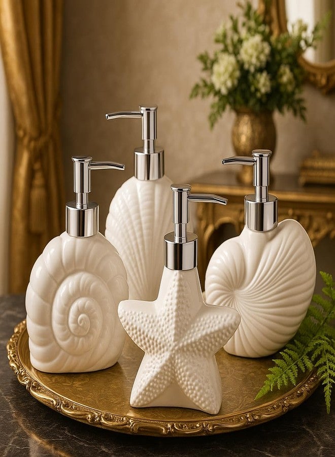 Whizzo Ceramic Shell Shaped Liquid Soap Dispenser with Chrome Pump | Elegant Bathroom & Kitchen Accessory | White Glossy Finish | Refillable Handwash Lotion Bottle (420ML, LD-212, Design2) - Image 5