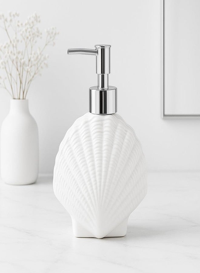 Whizzo Ceramic Shell Shaped Liquid Soap Dispenser with Chrome Pump | Elegant Bathroom & Kitchen Accessory | White Glossy Finish | Refillable Handwash Lotion Bottle (420ML, LD-212, Design2) - Image 3